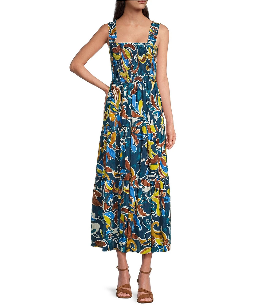 Anne Klein Smocked Bodice Eyelet Square Neck Sleeveless A-Line Maxi Dress