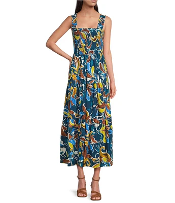 Anne Klein Smocked Bodice Eyelet Square Neck Sleeveless A-Line Maxi Dress