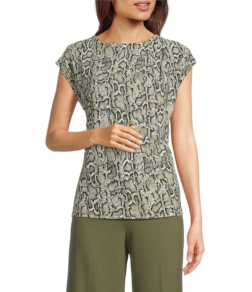 Anne Klein Snake Print Round Neck Pleated Short Sleeve Blouse