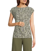 Anne Klein Snake Print Round Neck Pleated Short Sleeve Blouse