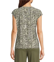 Anne Klein Snake Print Round Neck Pleated Short Sleeve Blouse