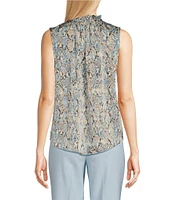 Anne Klein Snake Printed Flat Satin Ruffle Mock Tie Neck Sleeveless Blouse