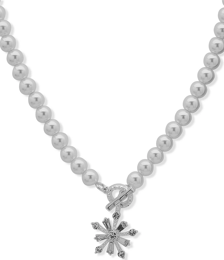 Anne Klein Snowflake Silver Tone Pearl Crystal Short Pendant Necklace