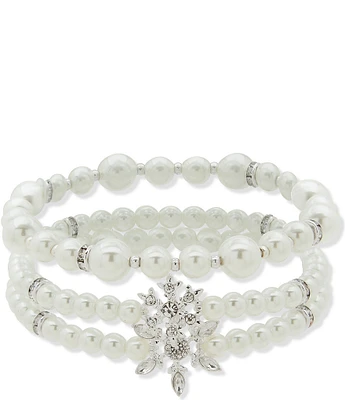 Anne Klein Snowflake Silver Tone Pearl Crystal Stretch Bracelet