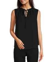 Anne Klein Solid Crepe de Chine Ruffle Tie Collar Sleeveless Tulla Blouse