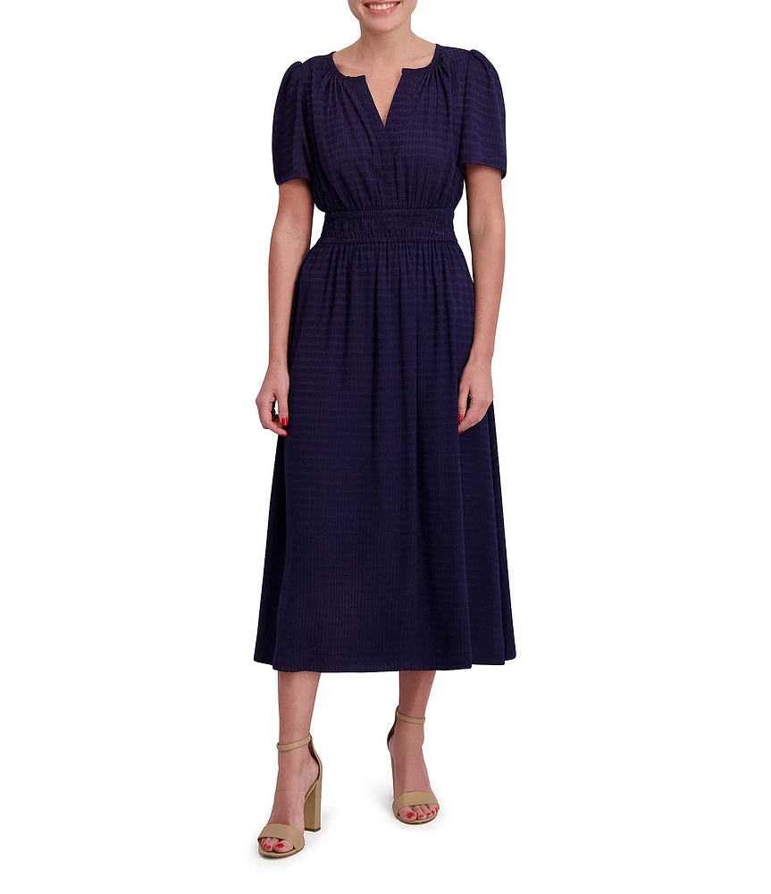 Anne Klein Split V-Neck Short Sleeve Checked Satin Smocked Waist Midi Dress