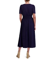 Anne Klein Split V-Neck Short Sleeve Checked Satin Smocked Waist Midi Dress