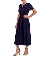 Anne Klein Split V-Neck Short Sleeve Checked Satin Smocked Waist Midi Dress