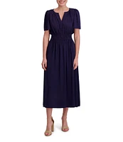 Anne Klein Split V-Neck Short Sleeve Checked Satin Smocked Waist Midi Dress