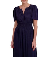 Anne Klein Split V-Neck Short Sleeve Checked Satin Smocked Waist Midi Dress