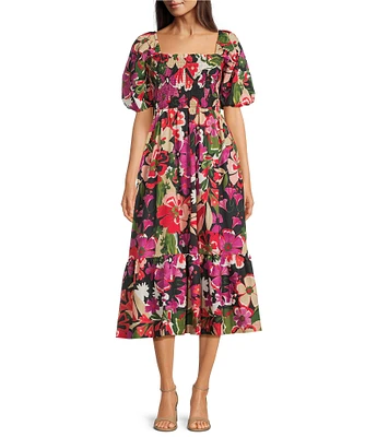 Anne Klein Square Neck Puff Sleeve Smocked Floral Printed Cotton Voile A-Line Midi Dress