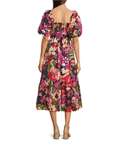 Anne Klein Square Neck Puff Sleeve Smocked Floral Printed Cotton Voile A-Line Midi Dress