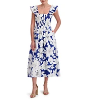Anne Klein Square Neck Ruffle Shoulder Smocked Floral Printed Poplin Midi Dress