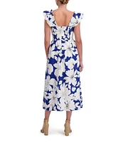 Anne Klein Square Neck Ruffle Shoulder Smocked Floral Printed Poplin Midi Dress