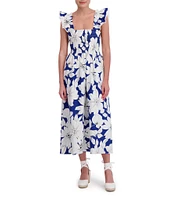Anne Klein Square Neck Ruffle Shoulder Smocked Floral Printed Poplin Midi Dress