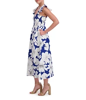 Anne Klein Square Neck Ruffle Shoulder Smocked Floral Printed Poplin Midi Dress
