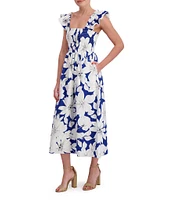 Anne Klein Square Neck Ruffle Shoulder Smocked Floral Printed Poplin Midi Dress