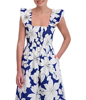 Anne Klein Square Neck Ruffle Shoulder Smocked Floral Printed Poplin Midi Dress