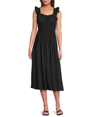 Anne Klein Square Neck Sleeveless Smocked Cotton Poplin Maxi Dress