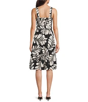Anne Klein Square Neck Sleeveless Tropical Palm Print Linen Blend Ruffle Hem Shift Dress