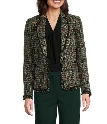 Anne Klein Tweed Notch Lapel Long Sleeve Patch Pocket One-Button Jacket