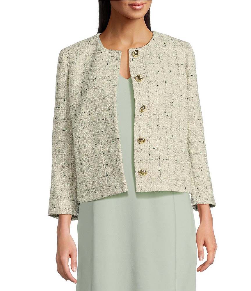 Anne Klein Tweed Round Neck Collarless Jacket