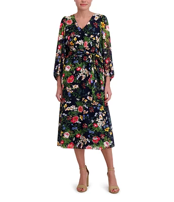 Anne Klein V-neck 3/4 Sleeve Floral Printed Chiffon Aline Midi Dress