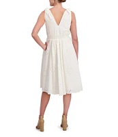 Anne Klein V-Neck Bow Shoulder Smocked Waist Cotton Eyelet Midi Dress