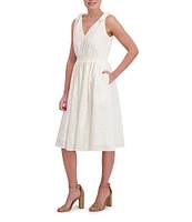 Anne Klein V-Neck Bow Shoulder Smocked Waist Cotton Eyelet Midi Dress