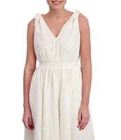 Anne Klein V-Neck Bow Shoulder Smocked Waist Cotton Eyelet Midi Dress