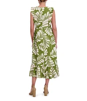 Anne Klein V Neck Ruffle Shoulder Printed Linen Aline Midi Dress