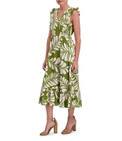 Anne Klein V Neck Ruffle Shoulder Printed Linen Aline Midi Dress