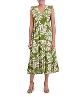 Anne Klein V Neck Ruffle Shoulder Printed Linen Aline Midi Dress