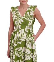 Anne Klein V Neck Ruffle Shoulder Printed Linen Aline Midi Dress