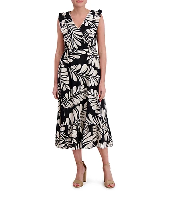 Anne Klein V Neck Ruffle Shoulder Printed Linen Aline Midi Dress
