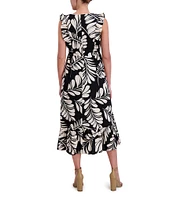 Anne Klein V Neck Ruffle Shoulder Printed Linen Aline Midi Dress