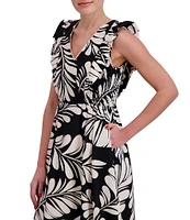 Anne Klein V Neck Ruffle Shoulder Printed Linen Aline Midi Dress