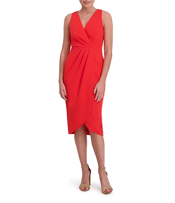 Anne Klein V-Neck Sleeveless Crepe Faux Wrap Midi Dress