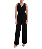 Anne Klein V-Neck Sleeveless Side Ruched Straight Leg Crepe Jumpsuit