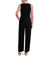 Anne Klein V-Neck Sleeveless Side Ruched Straight Leg Crepe Jumpsuit