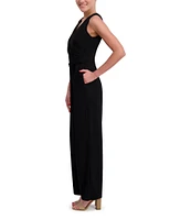 Anne Klein V-Neck Sleeveless Side Ruched Straight Leg Crepe Jumpsuit