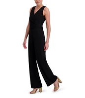 Anne Klein V-Neck Sleeveless Side Ruched Straight Leg Crepe Jumpsuit