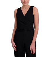 Anne Klein V-Neck Sleeveless Side Ruched Straight Leg Crepe Jumpsuit