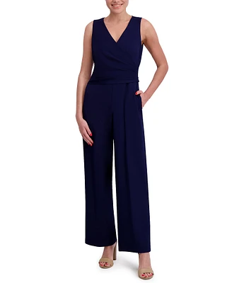 Anne Klein V-Neck Sleeveless Side Ruched Straight Leg Crepe Jumpsuit