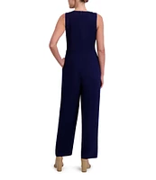 Anne Klein V-Neck Sleeveless Side Ruched Straight Leg Crepe Jumpsuit