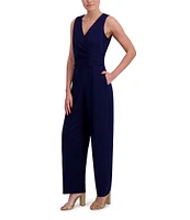Anne Klein V-Neck Sleeveless Side Ruched Straight Leg Crepe Jumpsuit