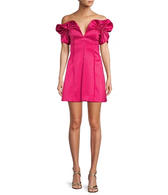 Antonio Melani Adina Textured Satin V Neck Puff Sleeve Mini Dress