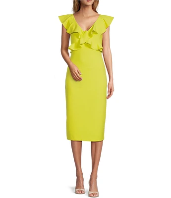 Antonio Melani Ainsley Scuba Crepe Ruffle Bodice V-Neck Cap Sleeve Midi Dress