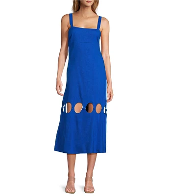 Antonio Melani Amalia Linen Blend Square Neck Sleeveless Circle Cut Out Sheath Midi Dress