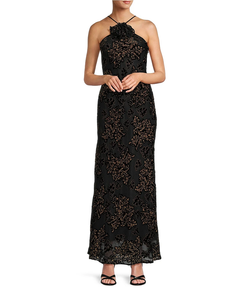 Antonio Melani Bernice Floral Burnout 3D Rosette Halter Neck Sleeveless A-Line Maxi Dress